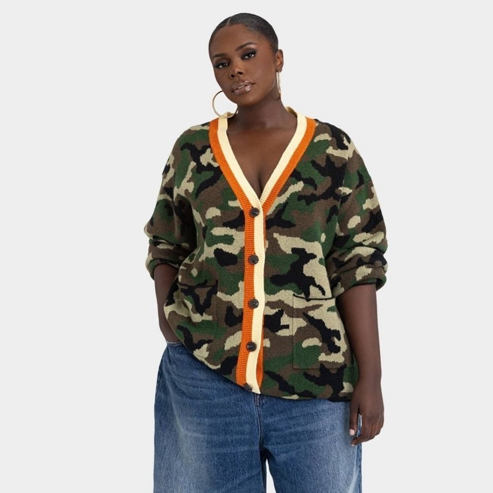 Camo V-Neck Button Cardigan with Orange Trim - Women's Sweater
